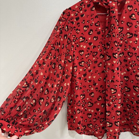 Chico's Blouse Size 3 16 XL Red Printed Chiffon Tie Bow Neck Balloon Sleeve - Picture 5 of 10
